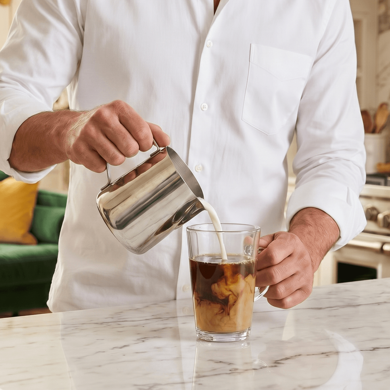 A person in a white shirt pours milk from a metal pitcher into a glass of coffee.