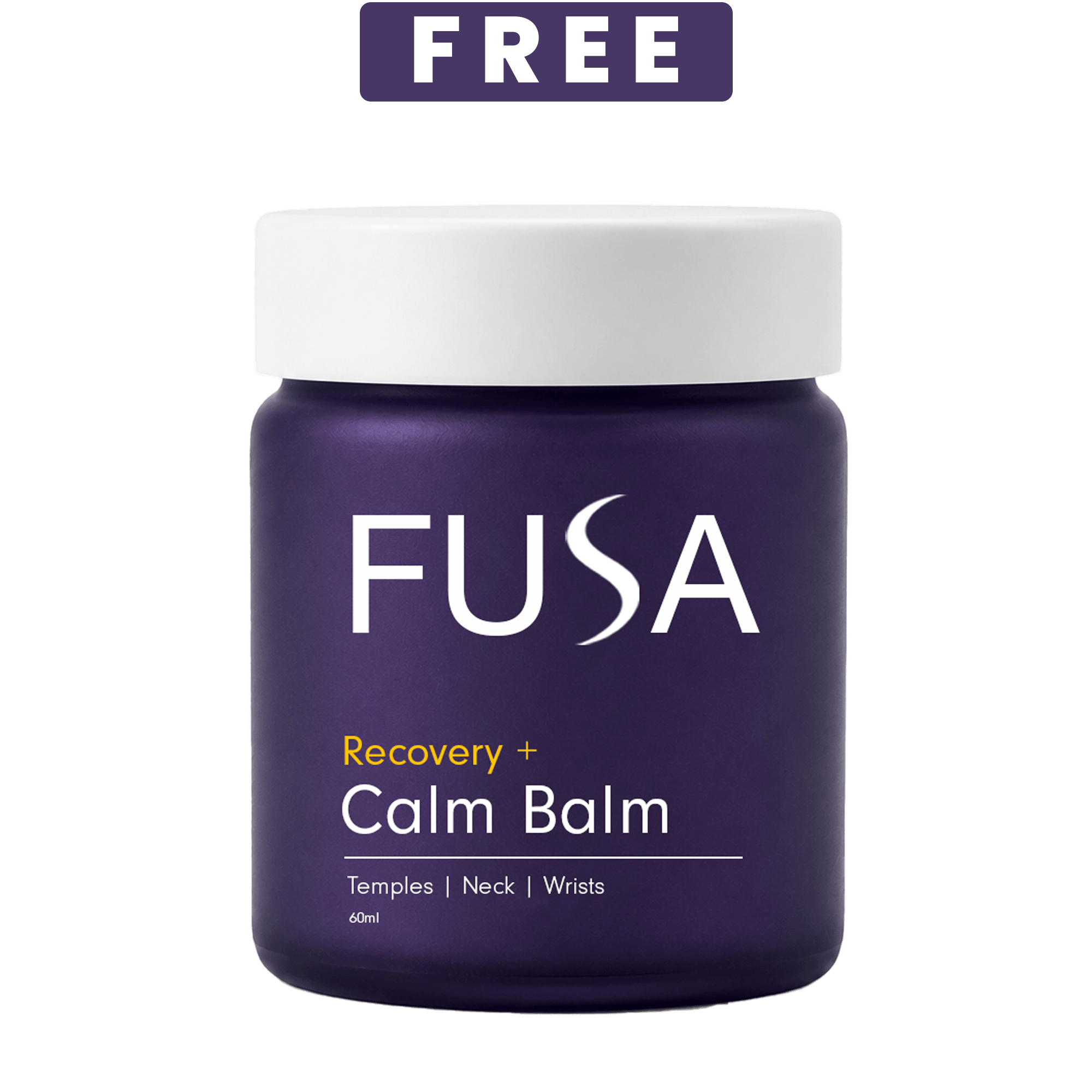 A purple jar of FUSA Recovery + Calm Balm with a white lid and a 'FREE' banner above.