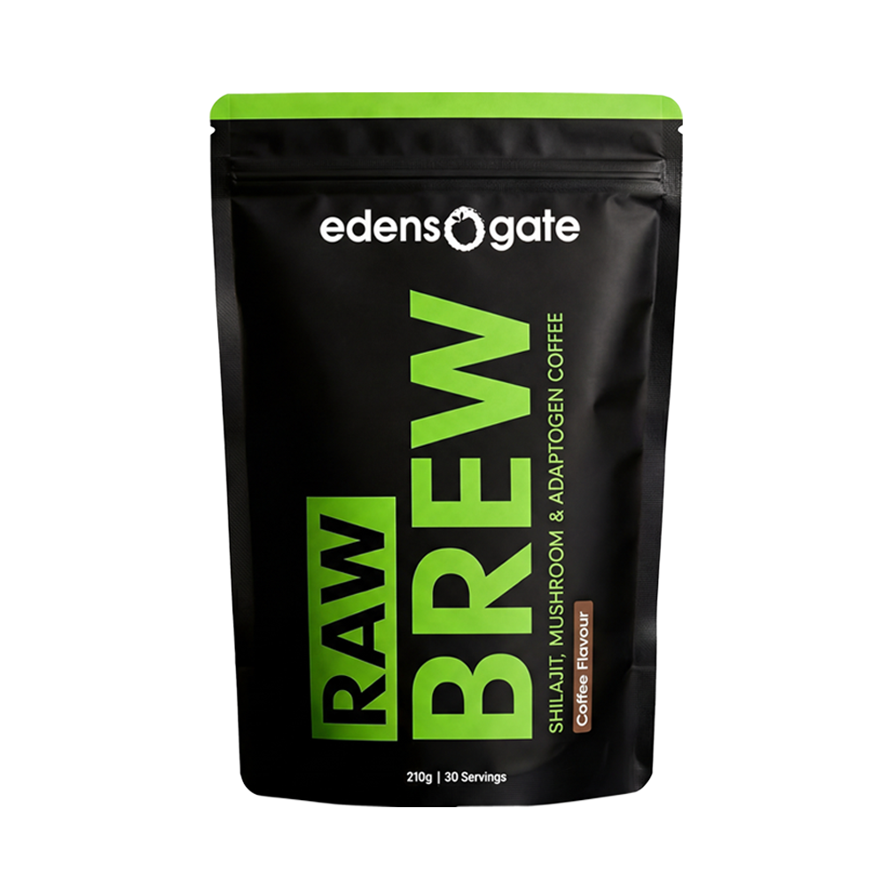 A black pouch of Edens Gate Raw Brew, a shilajit, mushroom, and adaptogen coffee, against a white background.