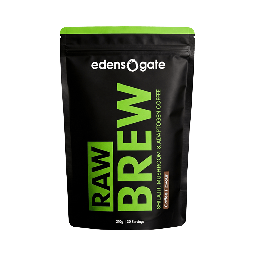 A black pouch of Edens Gate Raw Brew shilajit, mushroom, and adaptogen coffee on a white background.