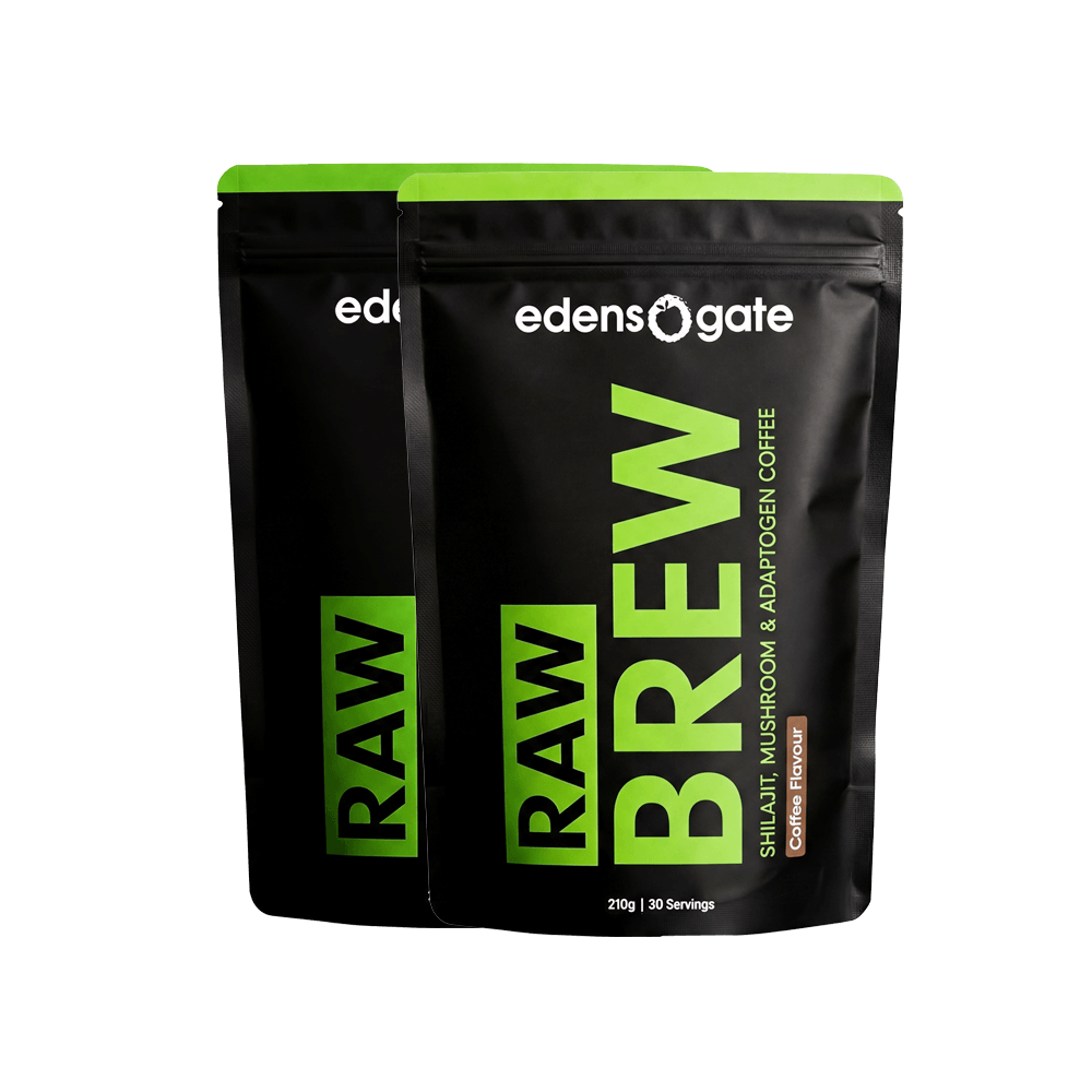 Two black pouches of Edens Gate Raw Brew mushroom and adaptogen coffee against a white background.