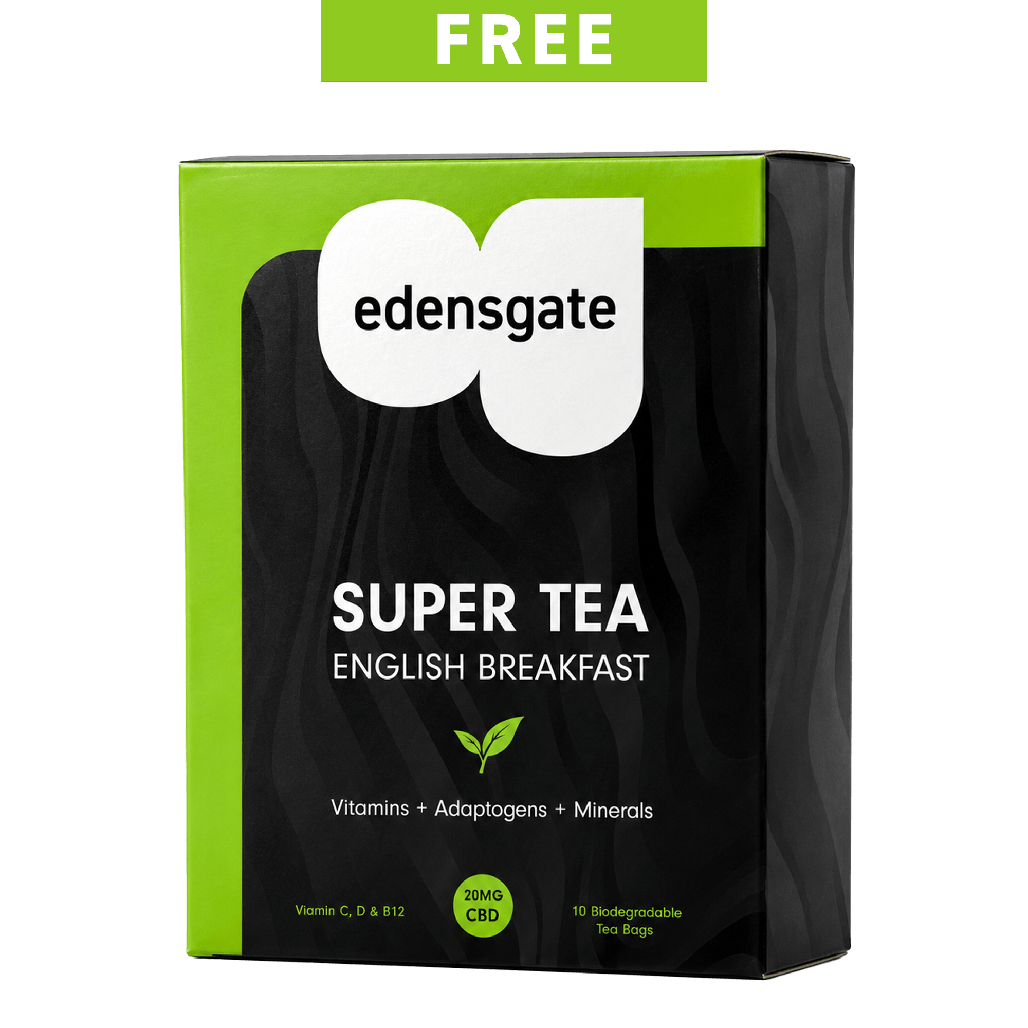 A black and green box of Edensgate Super Tea, English Breakfast flavor, with a 'FREE' banner above.
