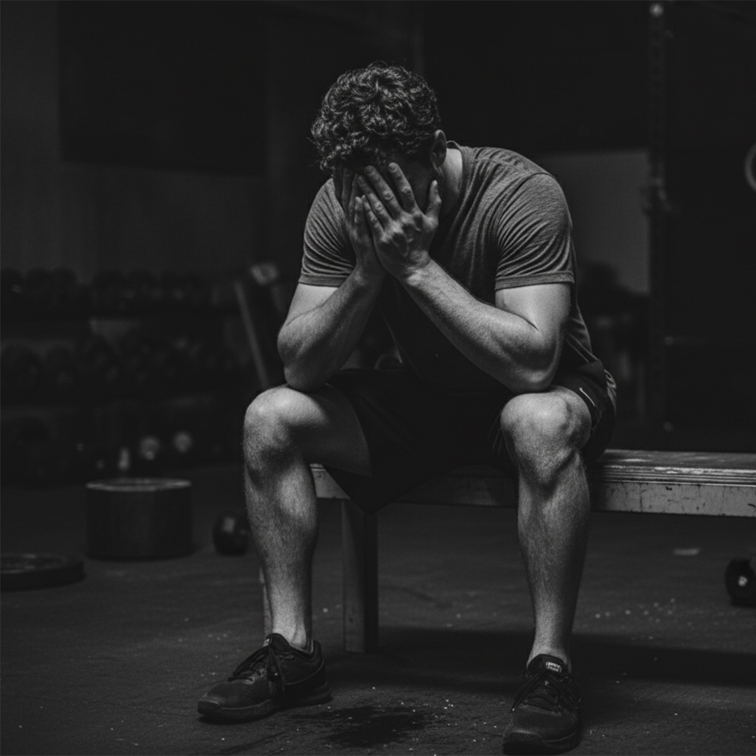 Man sitting on a bench in a gym, leaning forward with his elbows on his knees and his face buried in his hands, conveying exhaustion or frustration. He is wearing a T-shirt, shorts, and sneakers, with gym equipment in the dimly lit background.