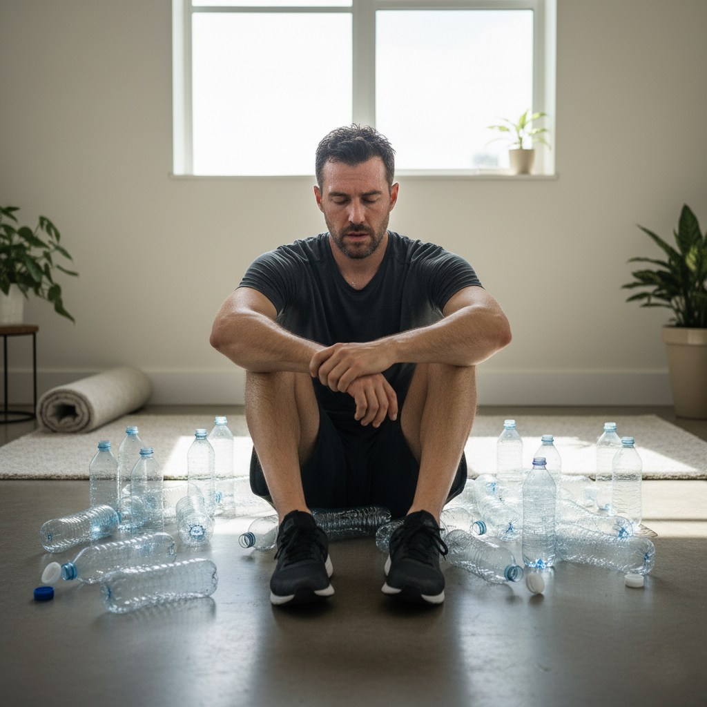 Exhausted man in workout clothes sitting on the floor of a bright room, surrounded by empty plastic water bottles, resting with his eyes closed after exercise.