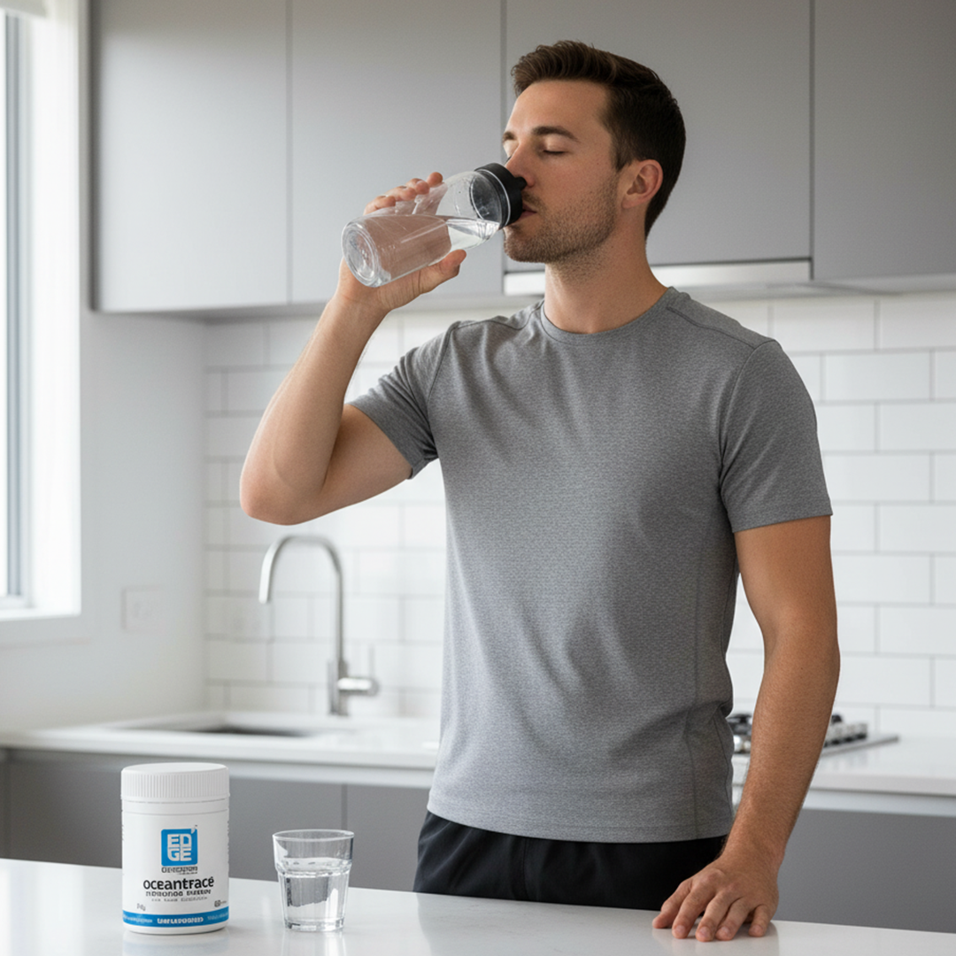 Man standing in a bright modern kitchen drinking water from a sports bottle, with an Ocean Trace tub and a glass of water on the counter in front of him.