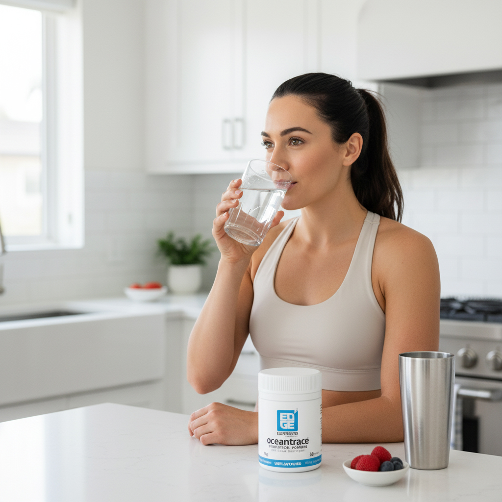 Woman in athletic wear drinking a glass of water in a bright kitchen, with an Ocean Trace container, a metal shaker, and a small bowl of berries on the counter.
