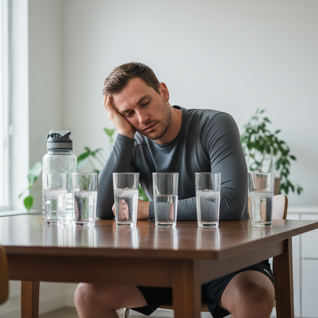 Tired man in a grey long-sleeve shirt sitting at a table with his head resting on his hand, surrounded by multiple glasses of water and a large water bottle, looking fatigued despite hydration.