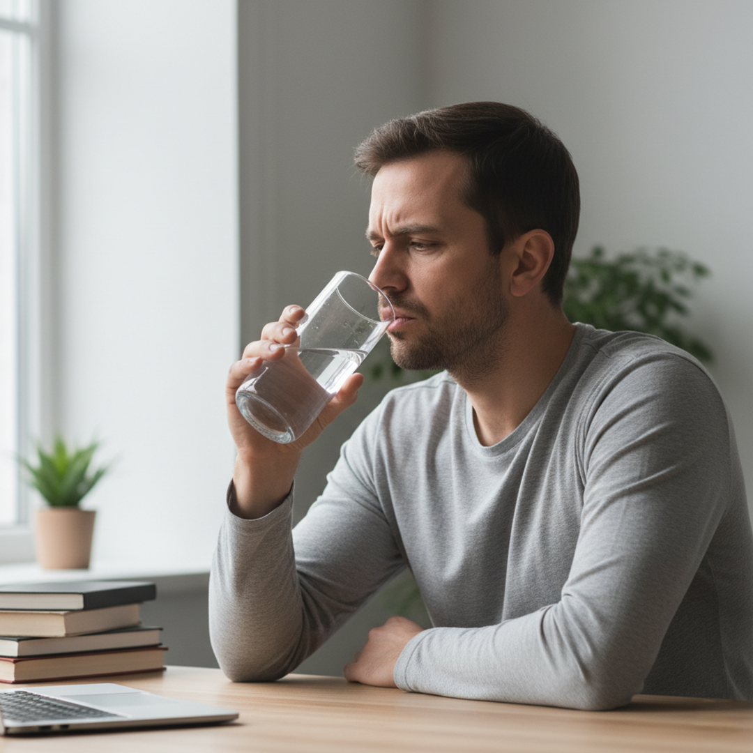 Tired-looking man sitting at a desk drinking a glass of water, appearing frustrated or low-energy, with books and a laptop in front of him.