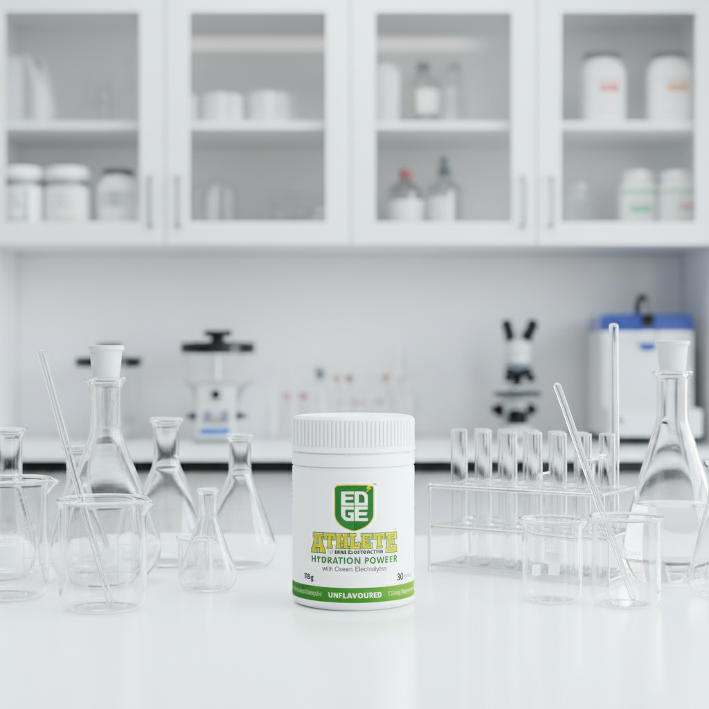 A container of EDGE Athlete Hydration Powder is placed on a laboratory bench surrounded by clear glass beakers, test tubes, and flasks. In the background, shelves and scientific equipment highlight a clean, modern lab setting.