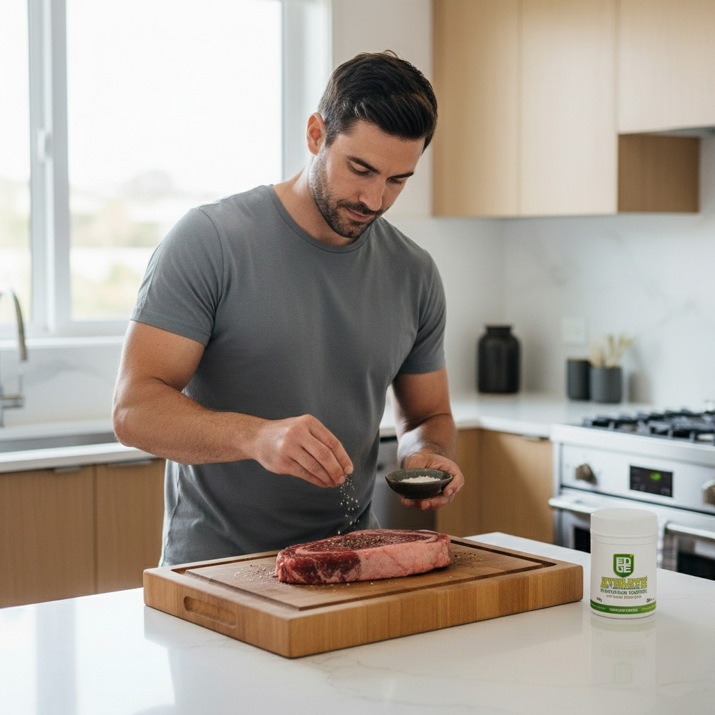 A man in a gray t-shirt sprinkles seasoning over a raw steak placed on a wooden cutting board in a modern kitchen. A container of dietary supplement powder is visible on the counter beside him.