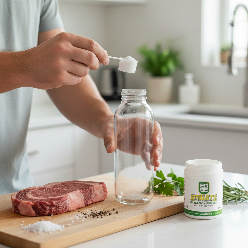 A person scoops white hydration powder into a clear glass bottle in a bright kitchen. On the wooden cutting board beside them are a raw steak, salt, pepper, fresh herbs, and the container of the hydration powder.