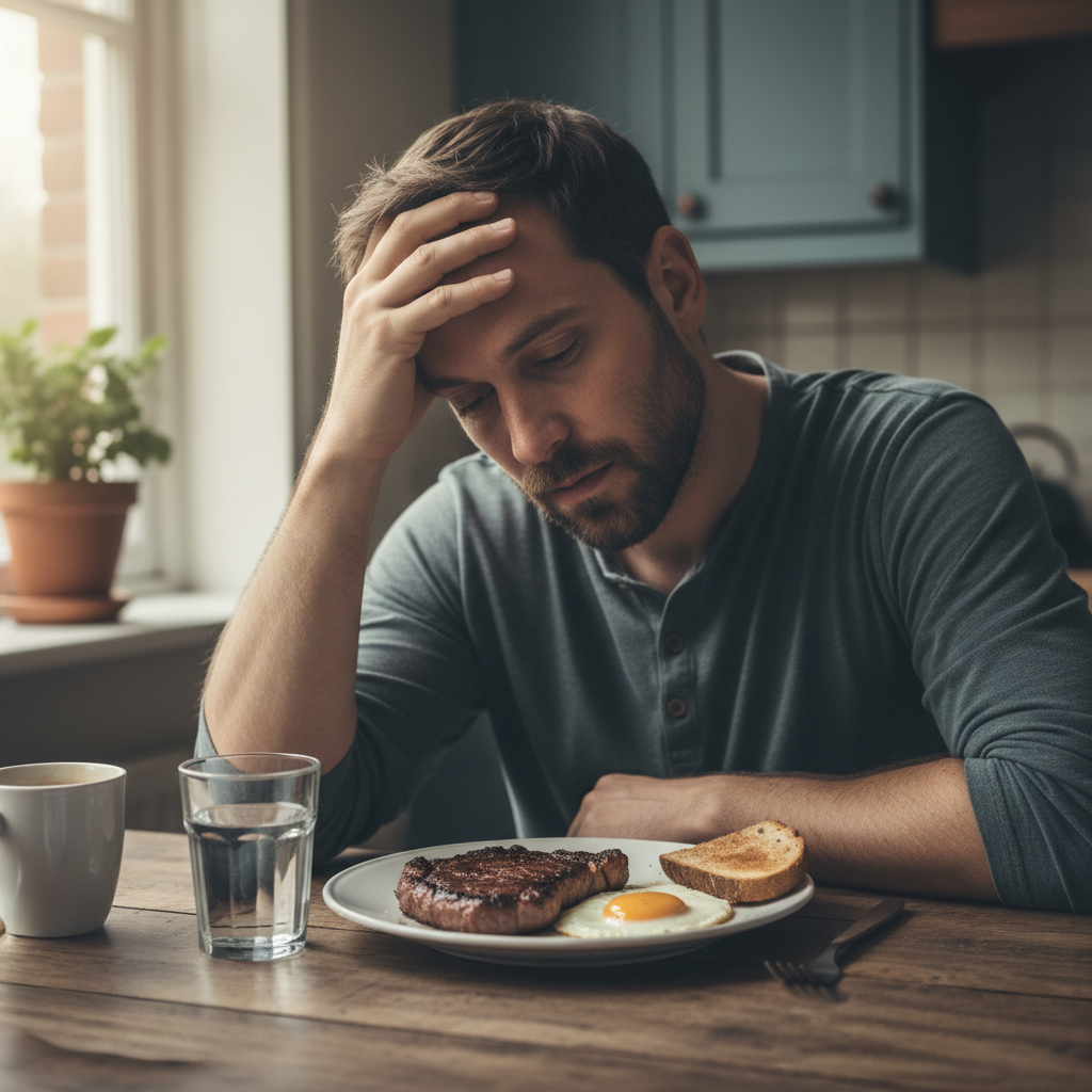 Tired-looking man sitting at a wooden table with his hand on his head, staring down at a plate of steak, fried egg, and toast, with a cup of coffee and a glass of water beside him.