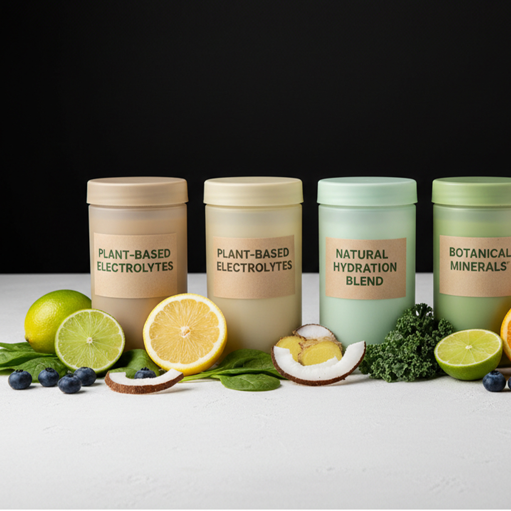 Five supplement containers labeled Plant-Based Electrolytes, Natural Hydration Blend, and Botanical Minerals, arranged in a row with fresh ingredients like lime, orange, coconut, blueberries, ginger, and leafy greens in front.