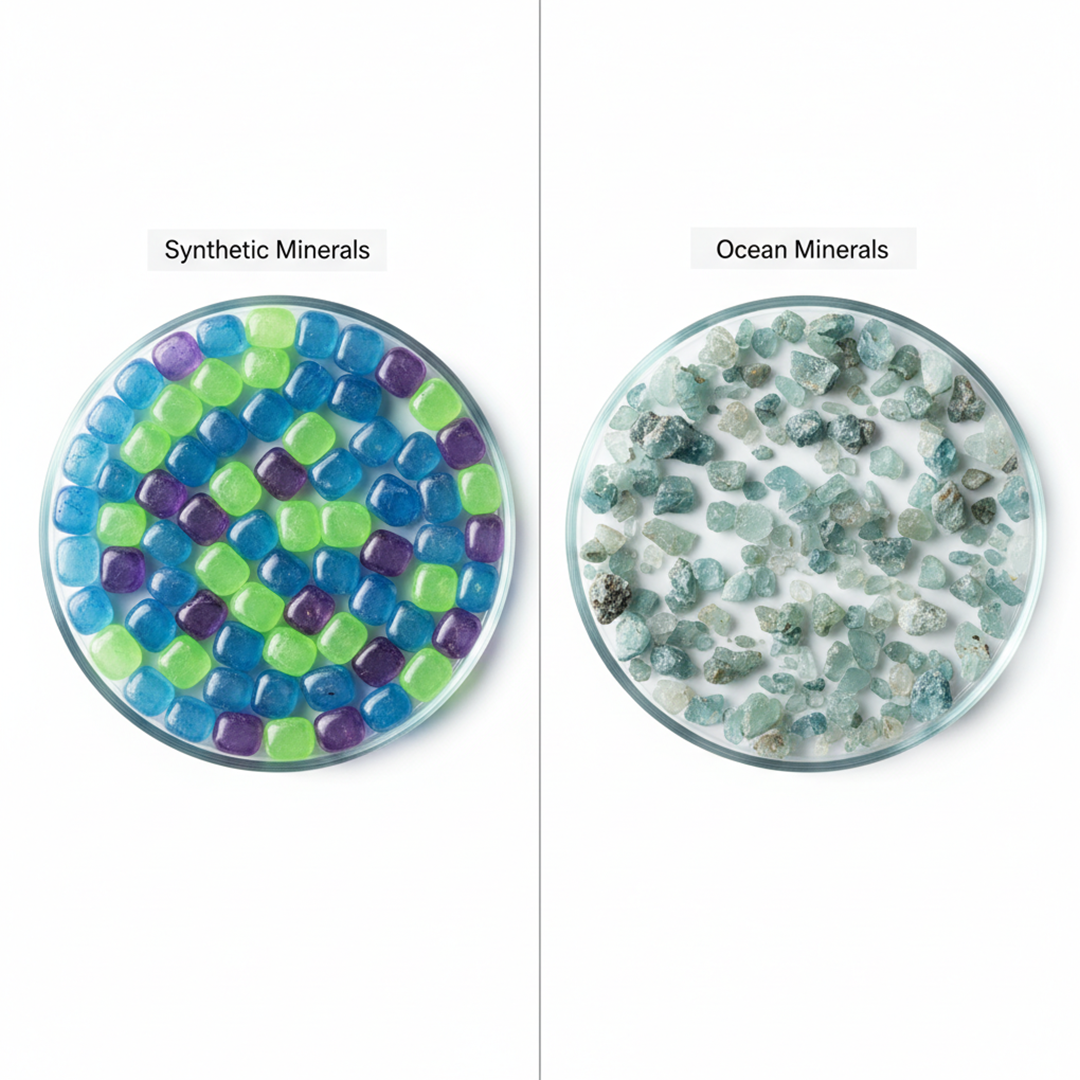 Side-by-side petri dishes comparing synthetic minerals and ocean minerals: the left dish contains colorful uniform bead-like pieces labeled ‘Synthetic Minerals,’ while the right dish contains irregular natural mineral crystals labeled ‘Ocean Minerals.