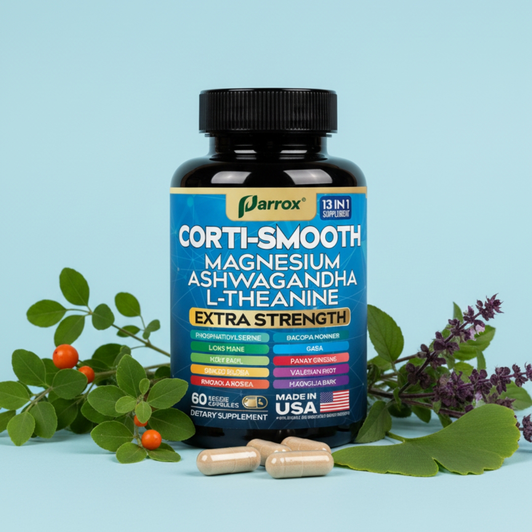 Supplement bottle surrounded by various herbs and capsules on a light blue background.