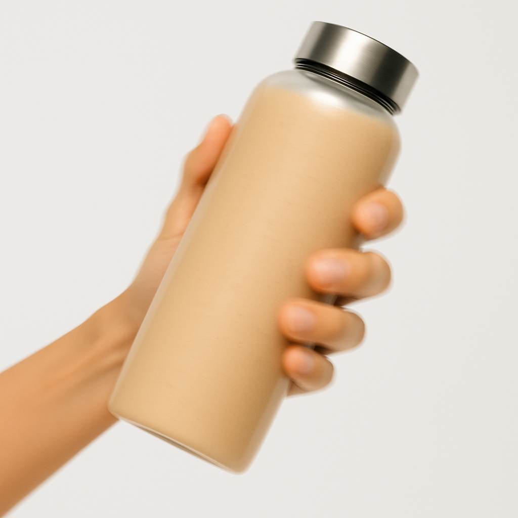 Hand holding a beige bottle with a silver cap.