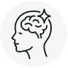 Outline of a head with a brain and sparkle inside.