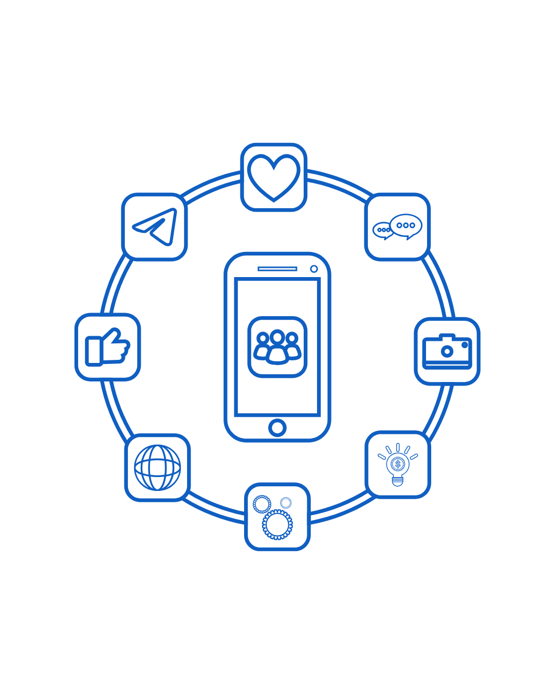 Blue line icons of a smartphone surrounded by social media symbols.