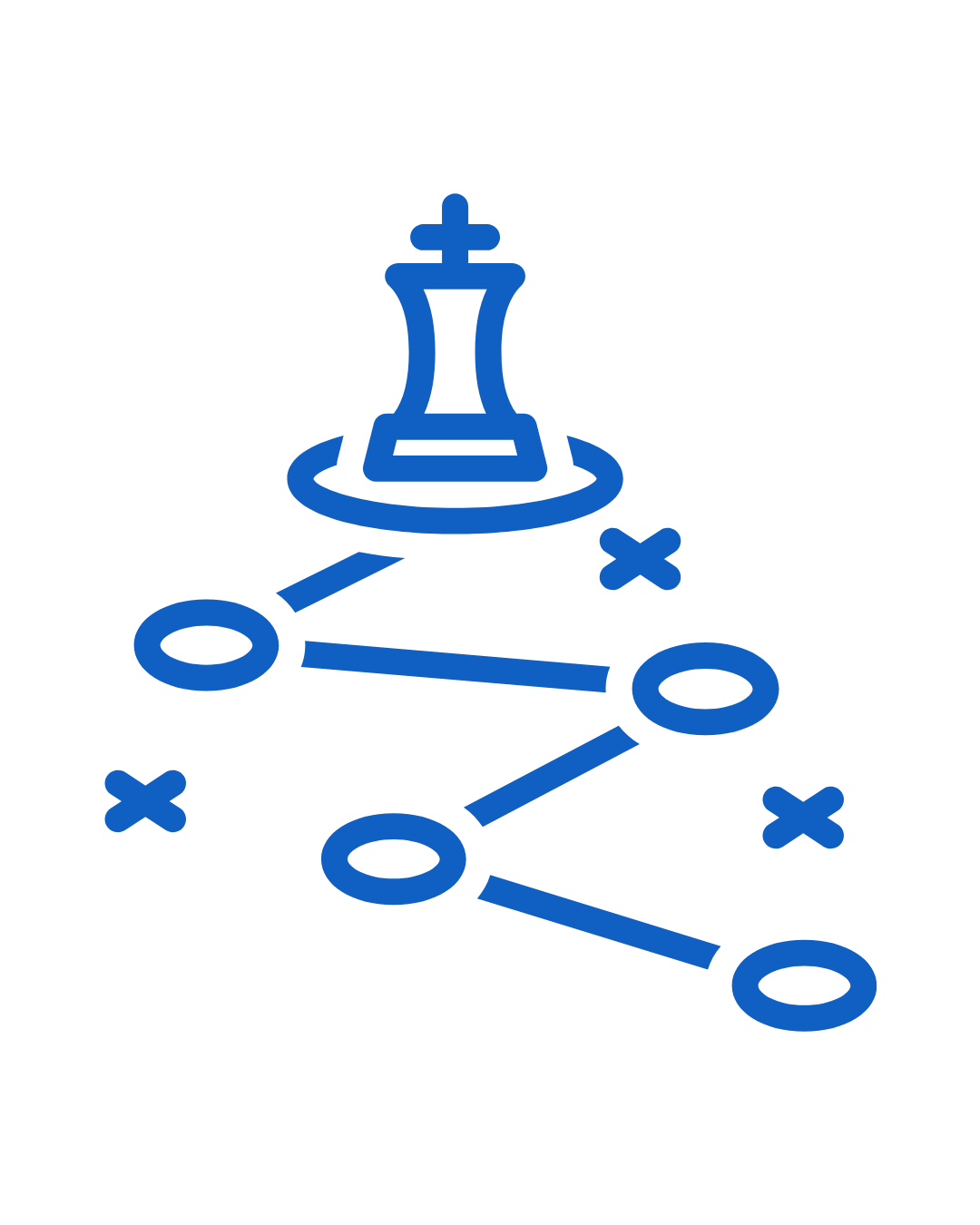 Blue chess piece with strategy diagram on white background.
