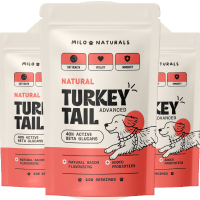 Three packages of natural turkey tail supplements with a red and white design.