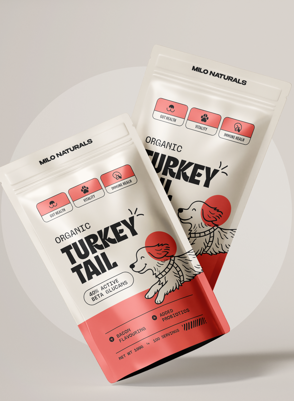 Two packages of Milo Naturals Organic Turkey Tail supplement with dog illustration.