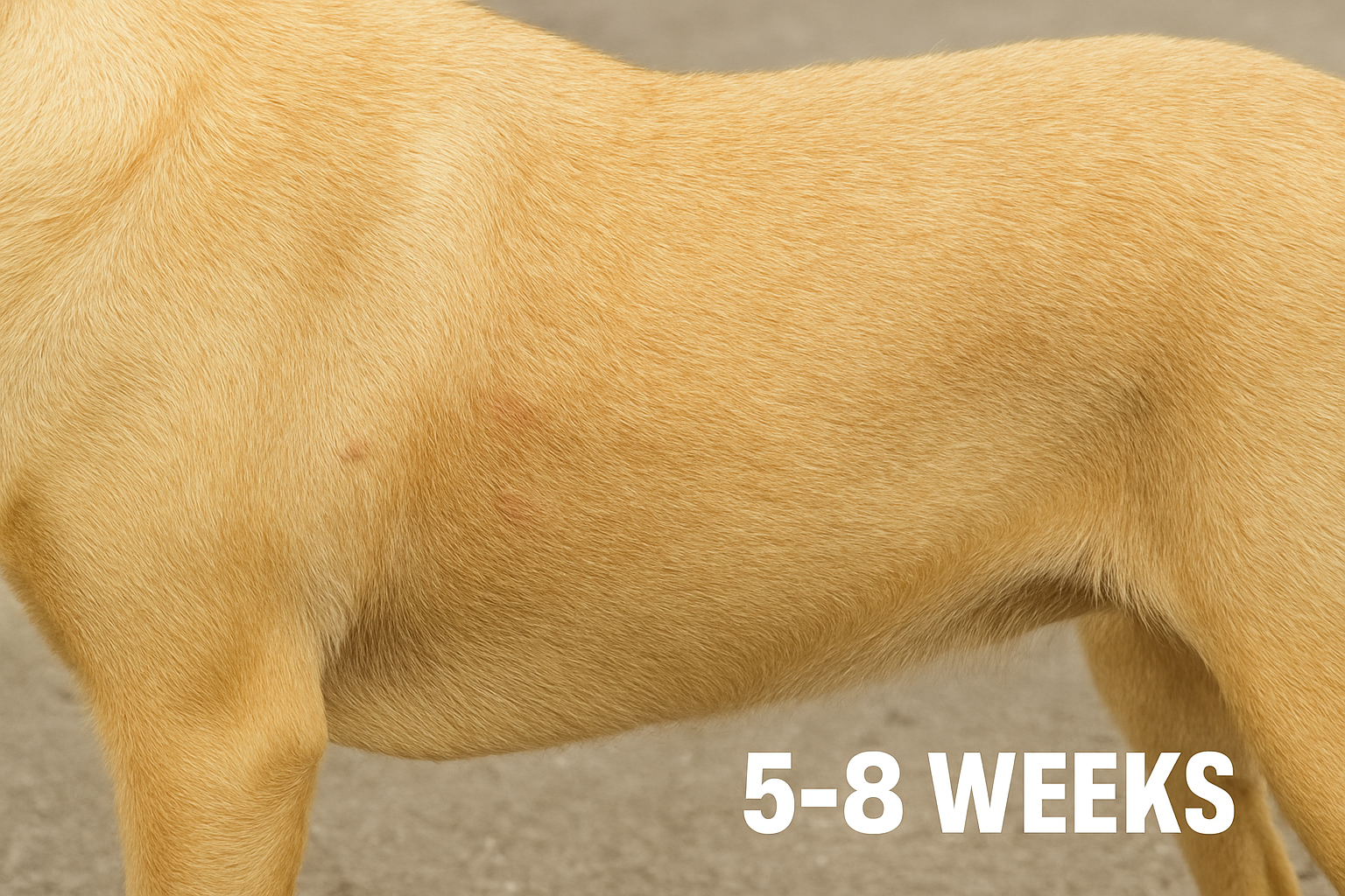 Close-up of a light brown dog's side with '5-8 weeks' text.