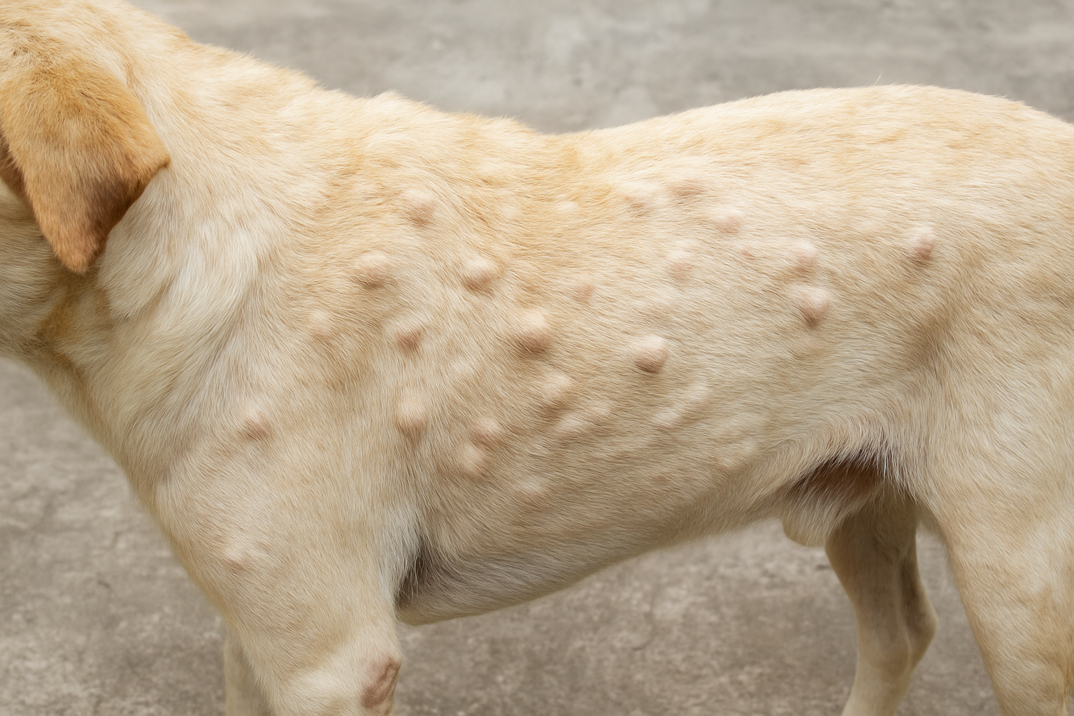 Close-up of a dog's back with multiple skin bumps.