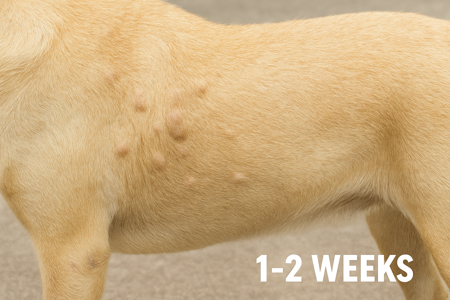 Dog's side with bumps on skin and text '1-2 weeks'