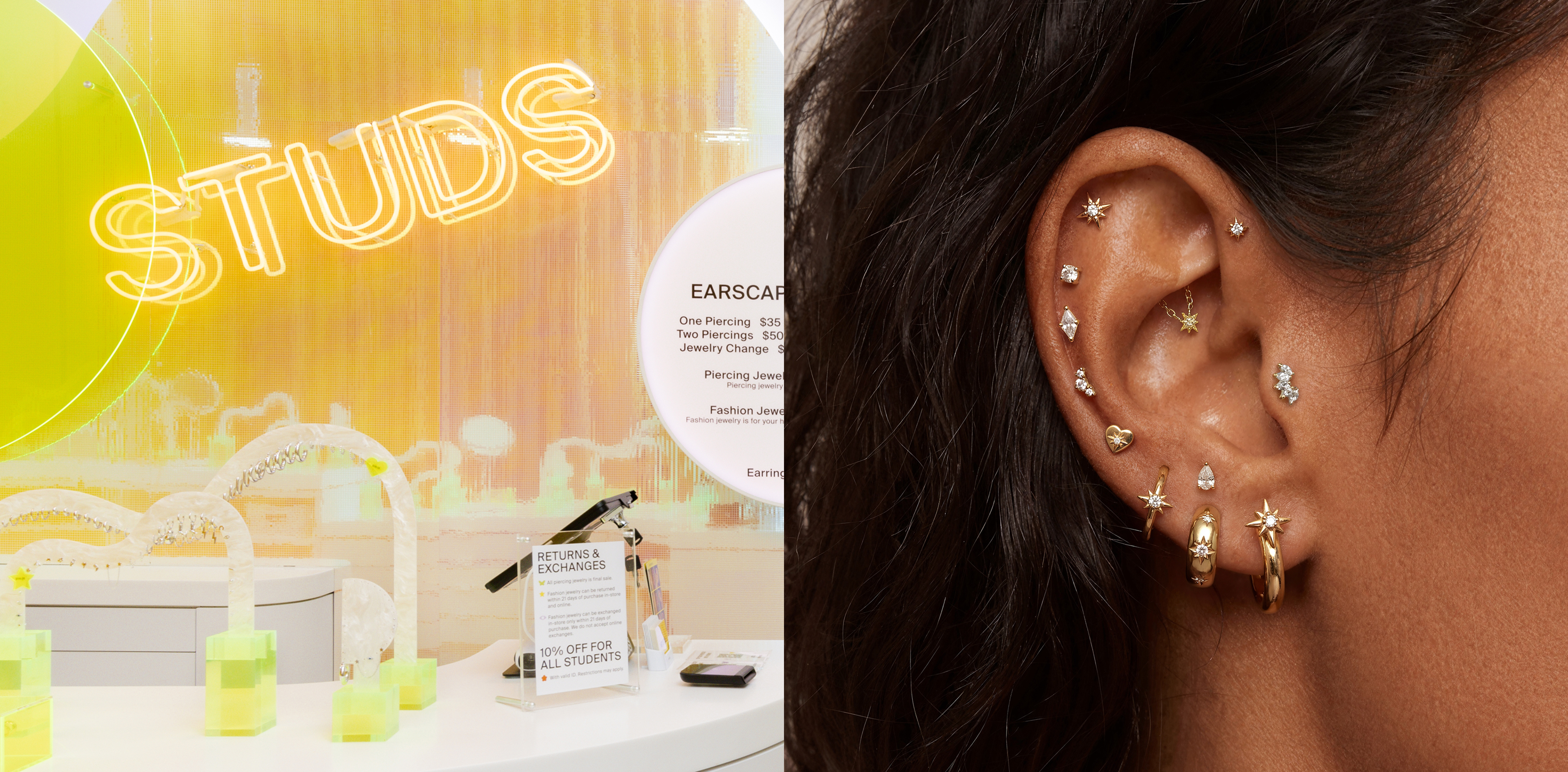 A Studs Studio earbar next to an ear with several piercings and gold earrings.
