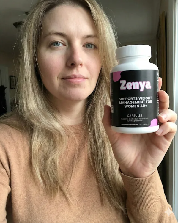 Person holding a bottle labeled Zenya for weight management.