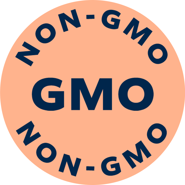 A peach-colored circular icon with 'GMO' in large blue letters, with 'NON-GMO' written above and below in an arc.