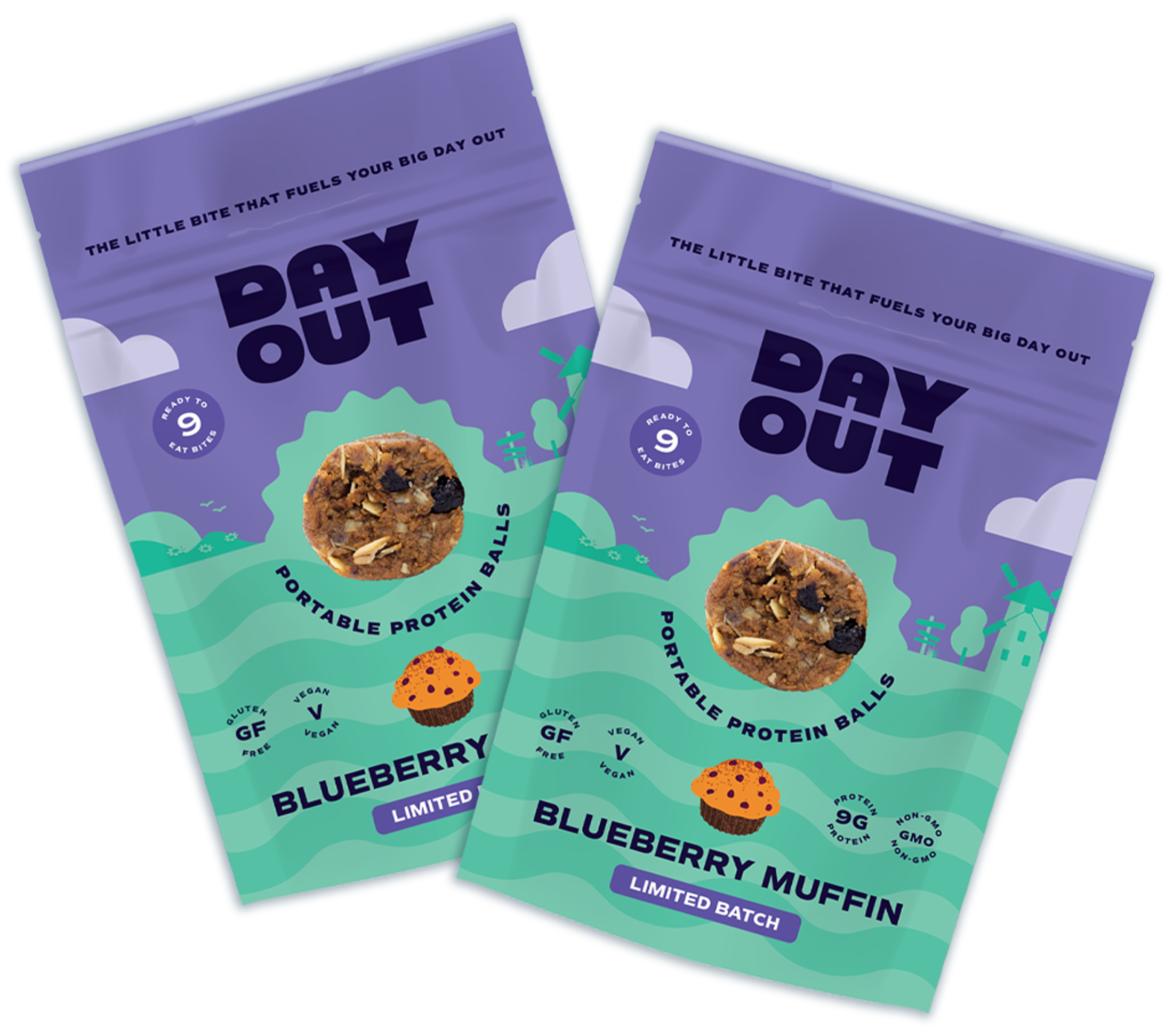 Packaging for blueberry muffin portable protein balls, labeled as gluten-free, vegan, and non-GMO.