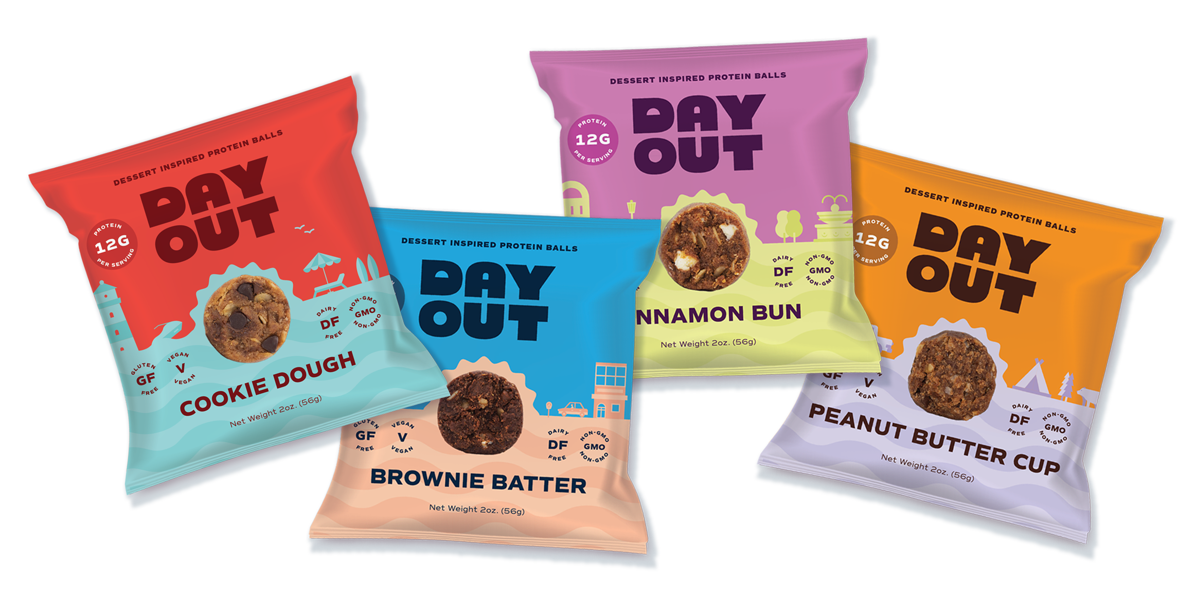 Four colorful Day Out protein ball packets with different flavors.