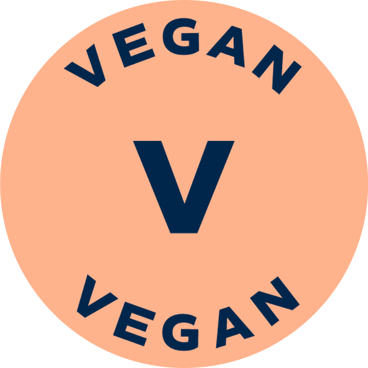 A circular peach-colored logo with a large blue 'V' and the word 'VEGAN' above and below.