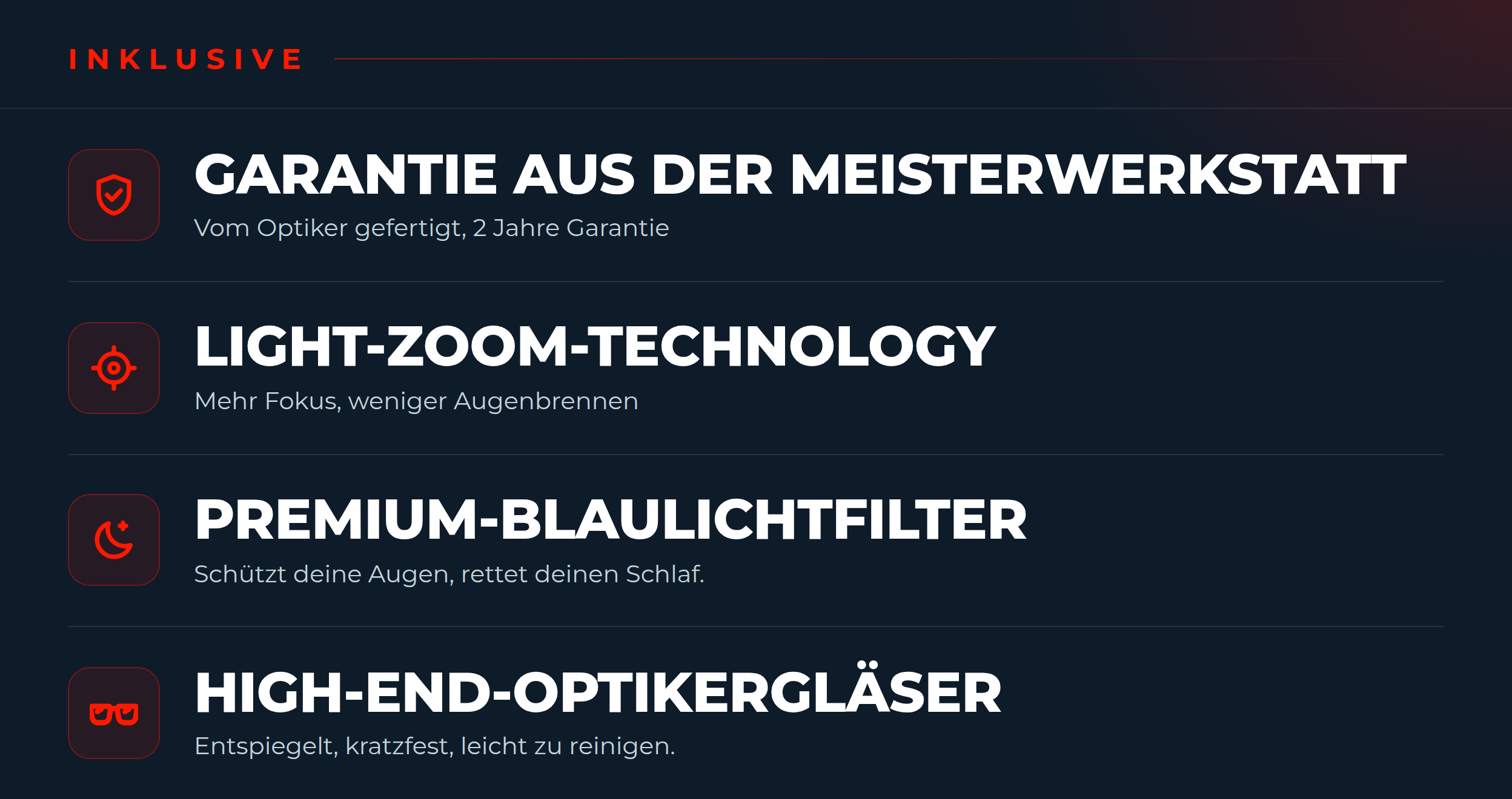 A graphic listing product features in German with icons, such as warranty, light-zoom, and blue light filter.