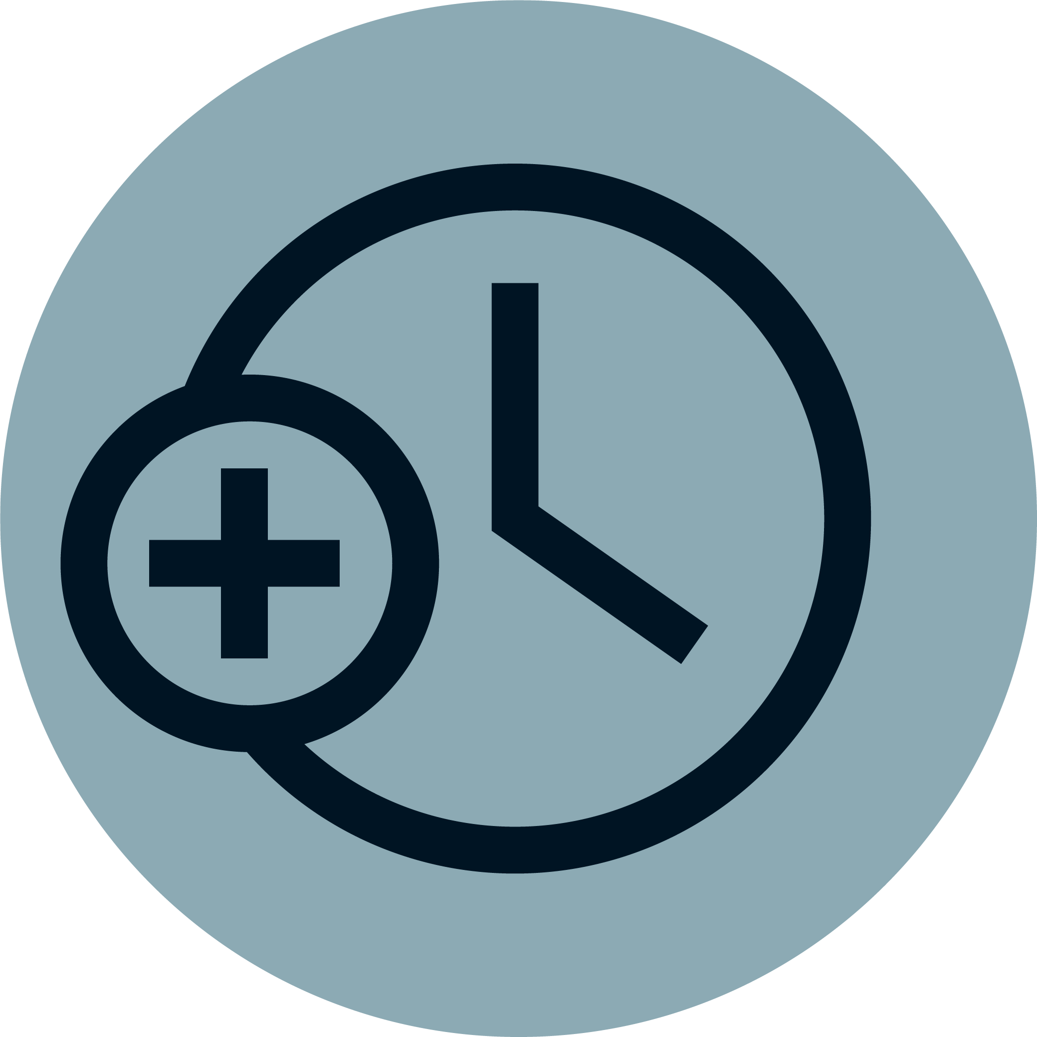 A dark blue icon of a clock with a plus sign, all inside a light blue circle.