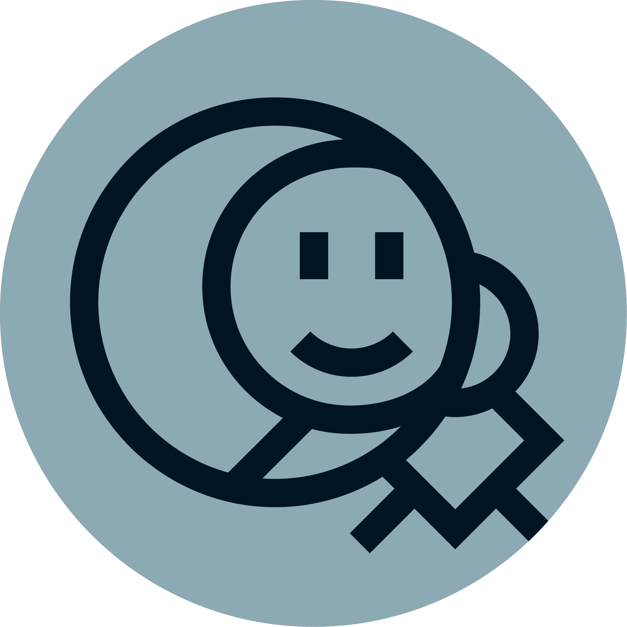 A graphic icon of a smiling face wearing a scarf, set within a blue-gray circle.