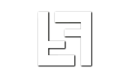 A white abstract geometric logo on a black background.