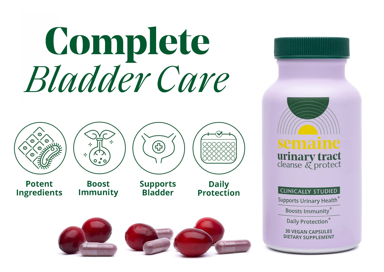 Dietary supplement bottle for urinary health with capsules and health benefit icons.