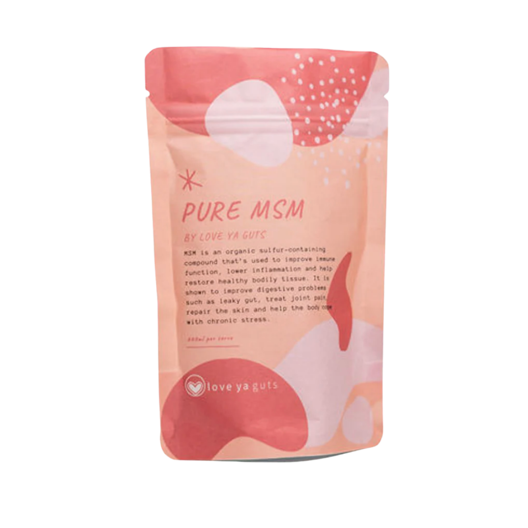 A pink and peach pouch of Pure MSM supplement by Love Ya Guts against a white background.
