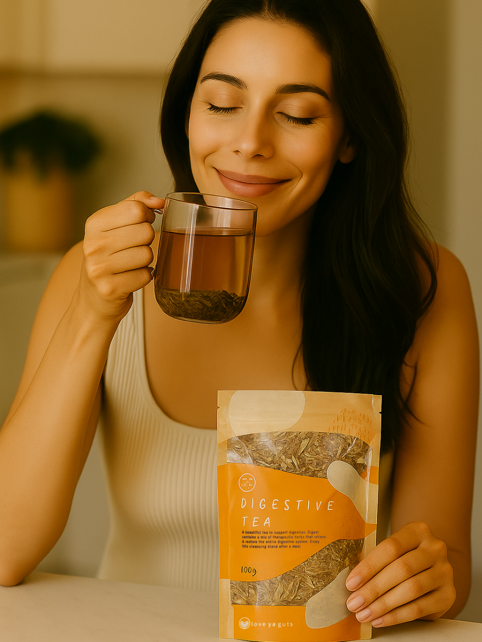 Woman enjoying a cup of tea with a digestive tea package.