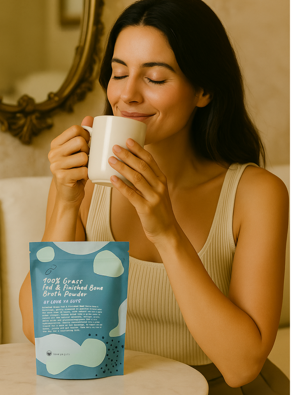 Woman enjoying a drink with a bone broth powder package on the table.