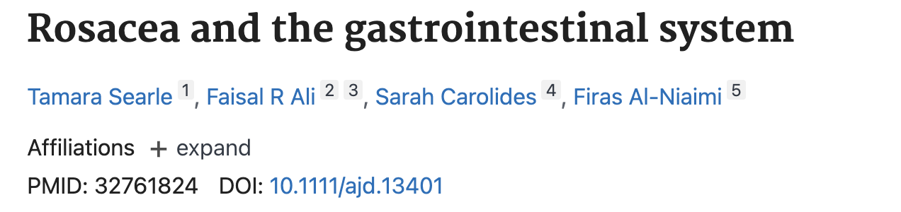 The header of a medical journal article titled 'Rosacea and the gastrointestinal system' with its authors listed.
