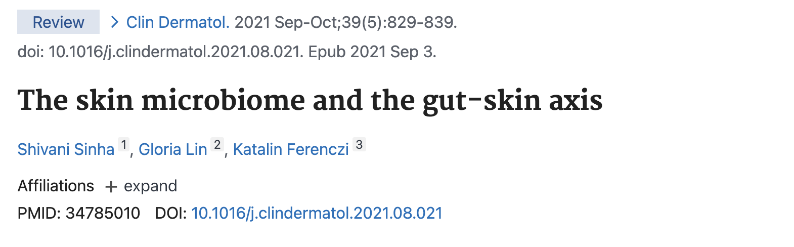 A screenshot of a medical journal article titled, 'The skin microbiome and the gut-skin axis'.