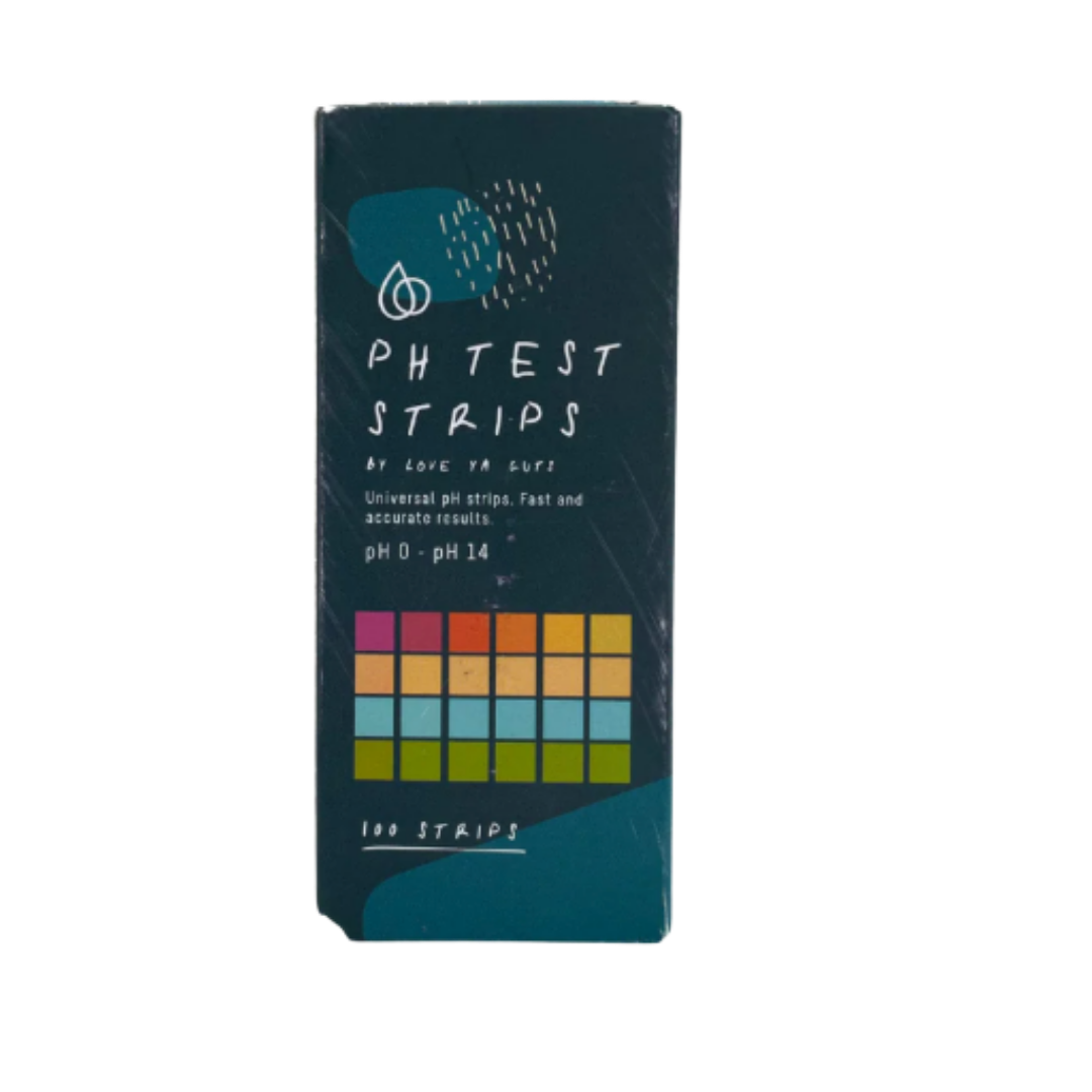 A dark green box of 'Love Ya Gutz' brand pH test strips against a white background.