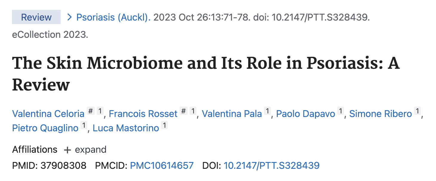 A screenshot of a medical review titled 'The Skin Microbiome and Its Role in Psoriasis: A Review'.