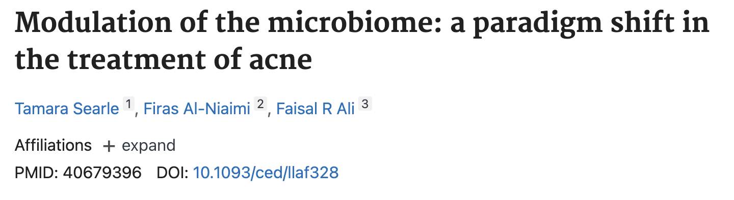 Header of a scientific article titled 'Modulation of the microbiome: a paradigm shift in the treatment of acne'.