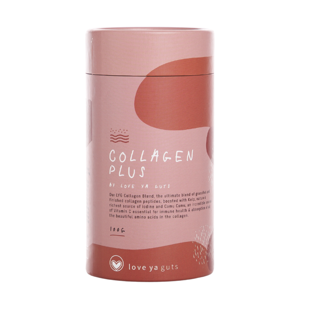 A pink and rust-colored canister of Love Ya Guts Collagen Plus against a plain white background.