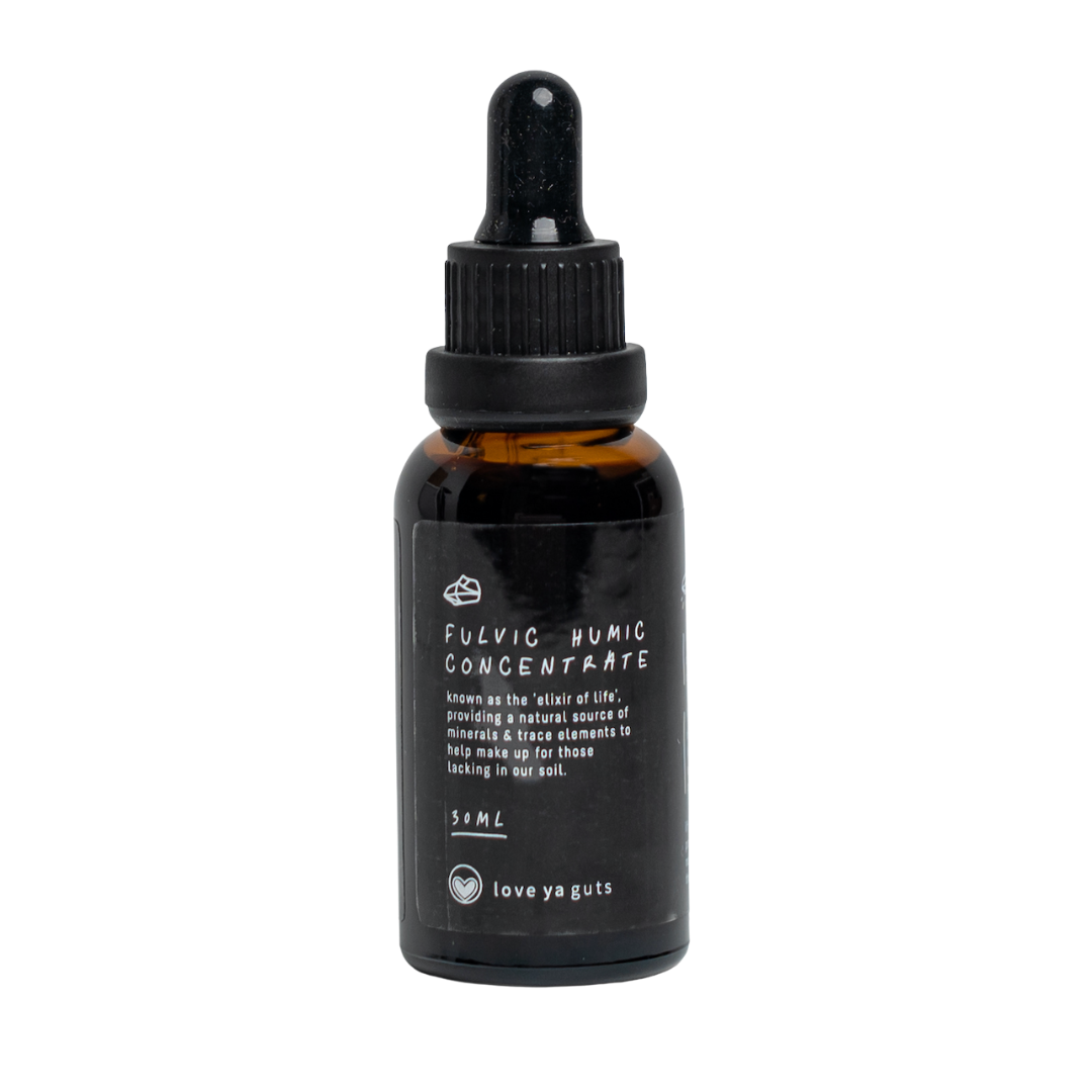 A 50ml amber glass bottle of Fulvic Humic Concentrate with a black dropper cap.