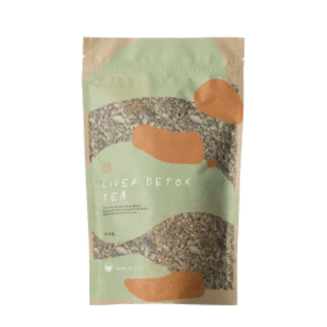 A pouch of Liver Detox Tea with a green and orange abstract label against a white background.